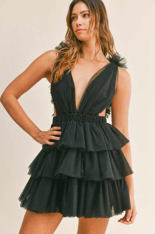 Elegant Black Deep V-Neck Open Side Ruffle Tulle Mini Dress
