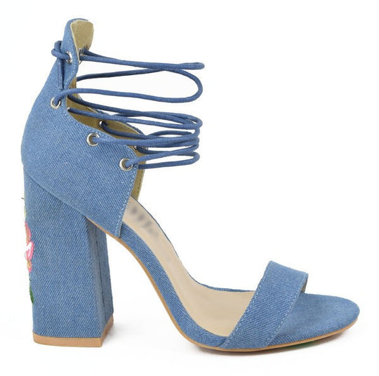 Fashion Denim Floral Embroidery Chunky Heels
