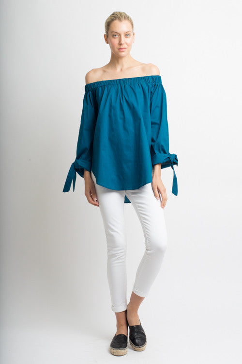 Resort Off The Shoulder Teal Tie Top