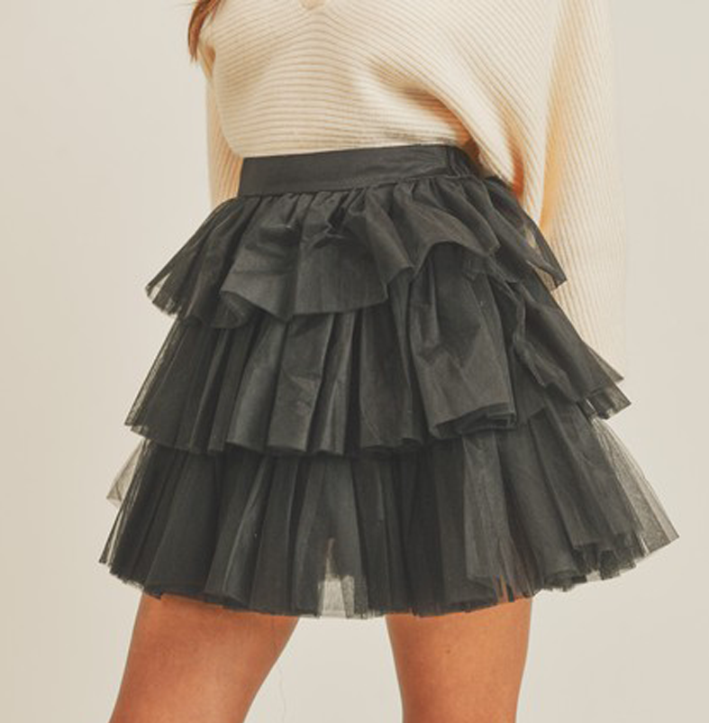 Elegant Black Layered Ruffle Tulle Mini Skirt