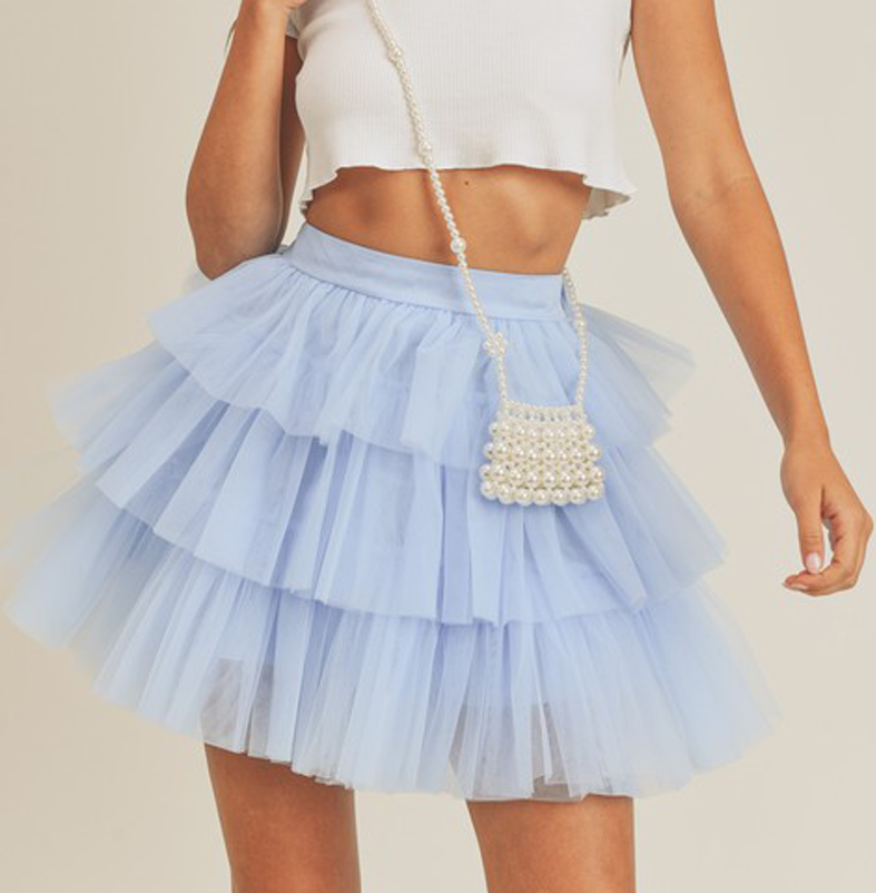 Elegant Blue Layered Ruffle Tulle Mini Skirt