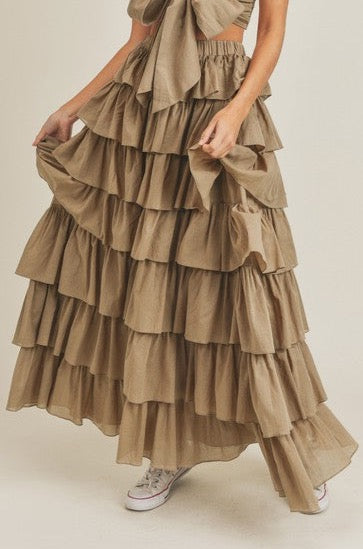 Fashion Olive High Waisted Multi-Ruffle Maxi Skirt