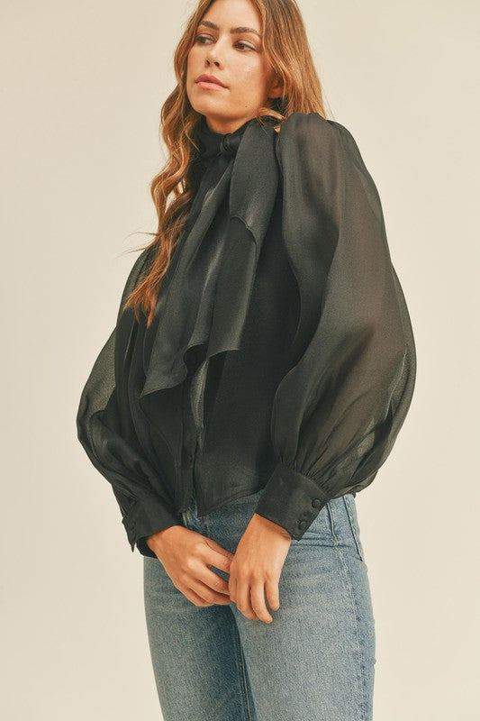 Elegant Black Bow Tie-Up Blouse with Bell Sleeve