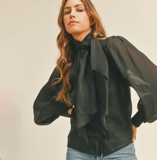 Elegant Black Bow Tie-Up Blouse with Bell Sleeve