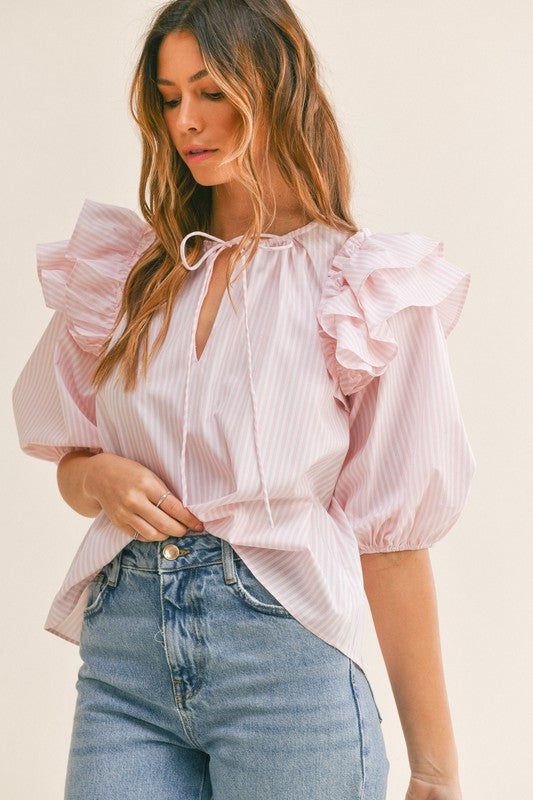 Elegant Pink Marine Front Tie-Up Blouse with Ruffle Puffy Sleeve