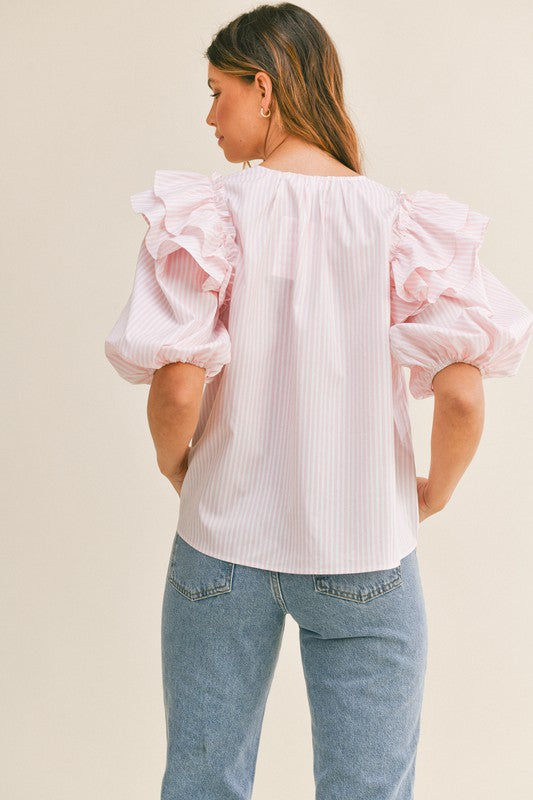 Elegant Pink Marine Front Tie-Up Blouse with Ruffle Puffy Sleeve