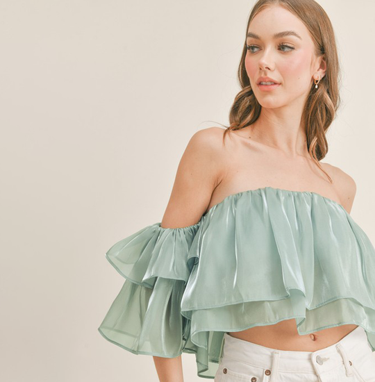 Elegant Off Shoulder Dusty Blue Satin Ruffle Crop Top