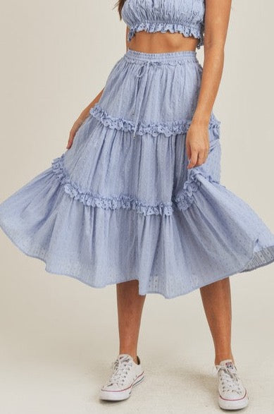 Fashion Blue High Waisted Detailed Textured Ruffle Midi Skirt