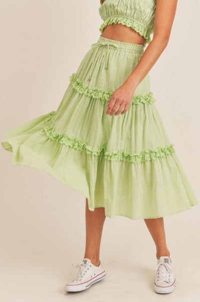 Fashion Lime High Waisted Detailed Textured Ruffle Midi Skirt