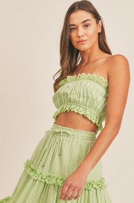 Fashion Lime Strapless Detailed Textured Ruffle Crop Top