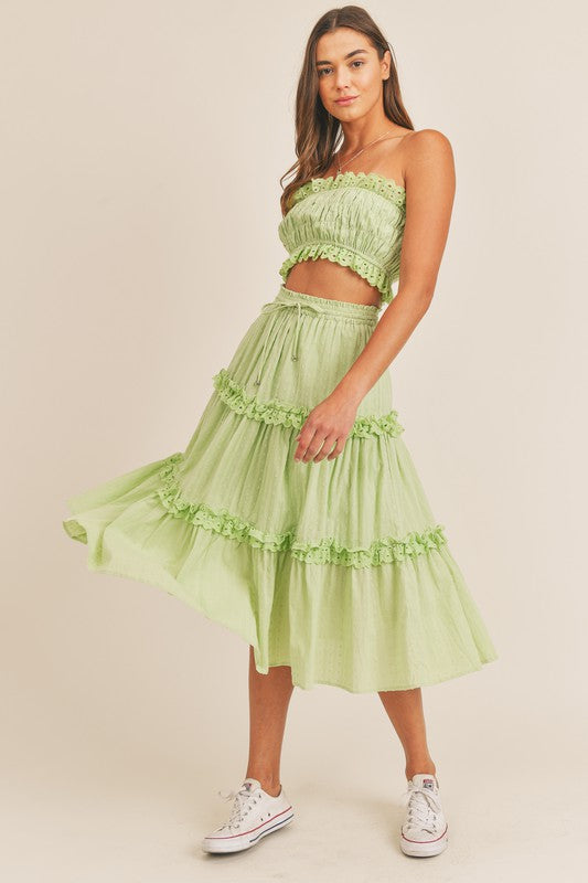 Fashion Lime Strapless Detailed Textured Ruffle Crop Top