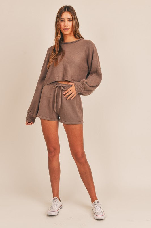 Fashion Brown Knit Crop Sweater with Long Sleeve