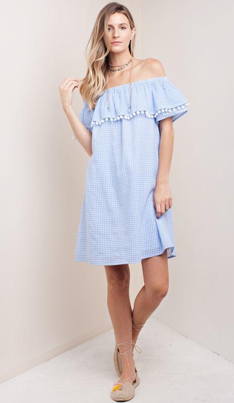 Casual Off Shoulder Blue Checkered Dress with Pom Pom