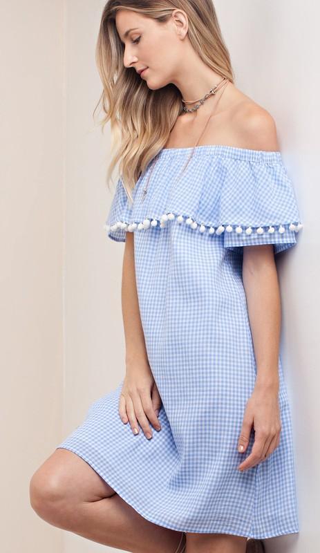 Casual Off Shoulder Blue Checkered Dress with Pom Pom