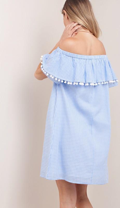 Casual Off Shoulder Blue Checkered Dress with Pom Pom