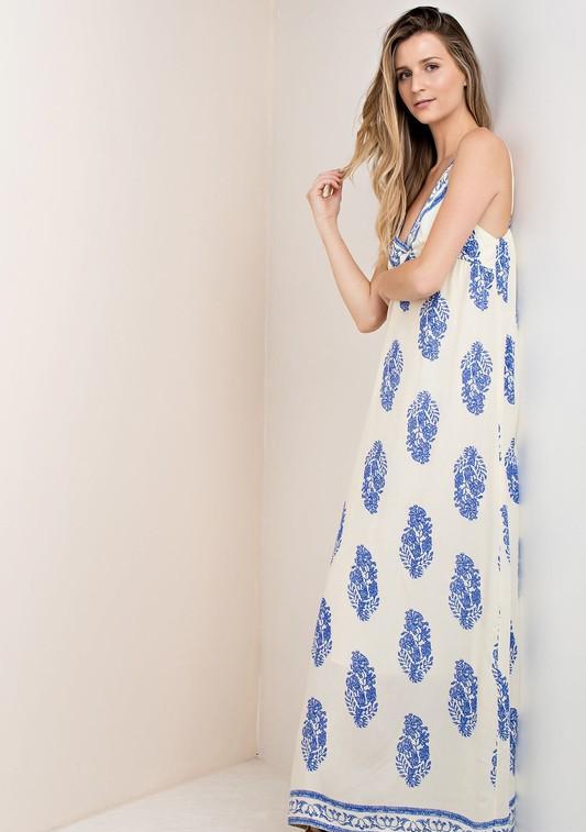 Casual Strap Ivory Maxi Dress with Blue Print