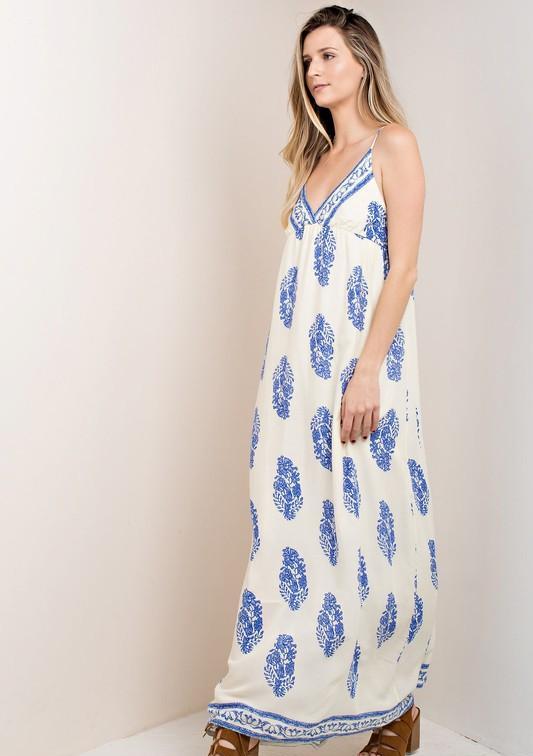 Casual Strap Ivory Maxi Dress with Blue Print