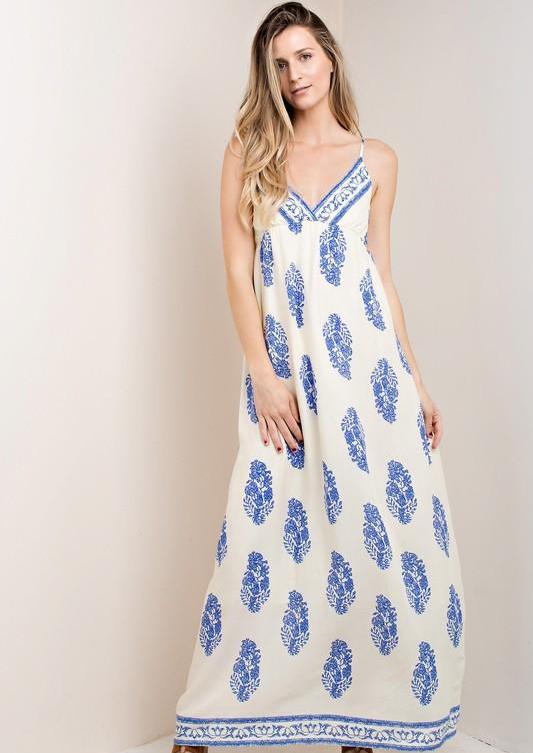 Casual Strap Ivory Maxi Dress with Blue Print
