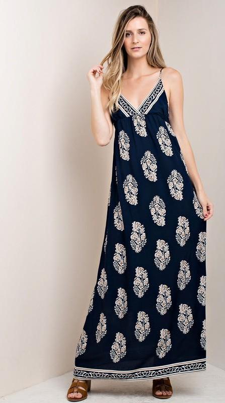 Casual Strap Navy Maxi Dress with Mocha Print