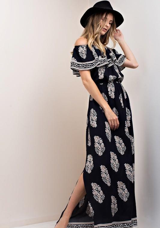 Casual Off Shoulder Navy Maxi Dress with Mocha Print