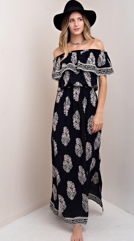 Casual Off Shoulder Navy Maxi Dress with Mocha Print