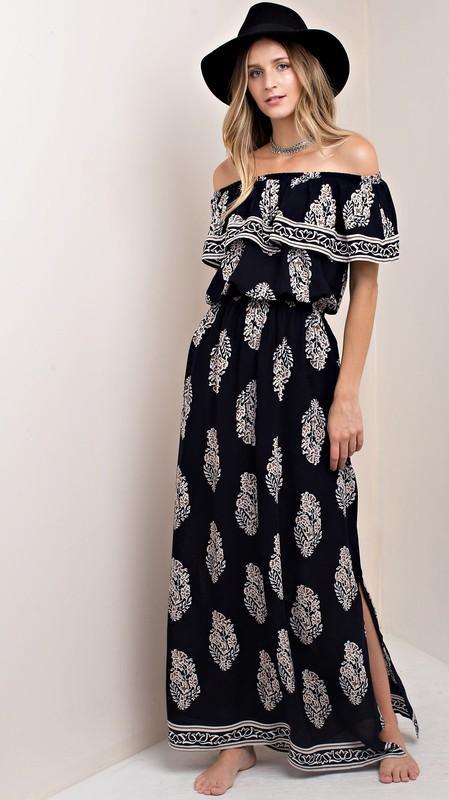 Casual Off Shoulder Navy Maxi Dress with Mocha Print