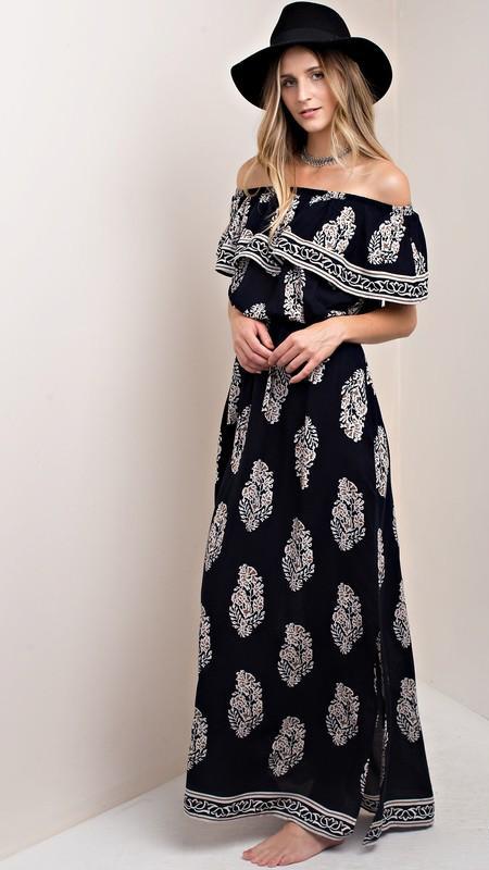 Casual Off Shoulder Navy Maxi Dress with Mocha Print