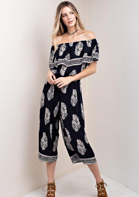 Casual Off Shoulder Navy Jumpsuit with Mocha Print