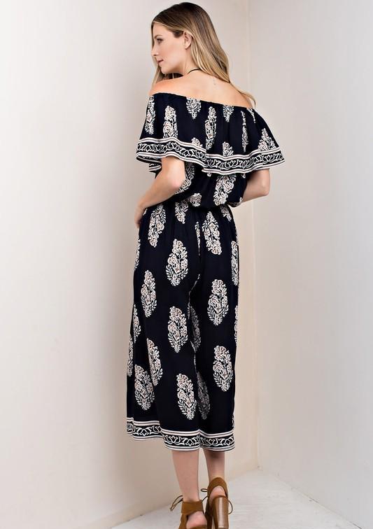 Casual Off Shoulder Navy Jumpsuit with Mocha Print