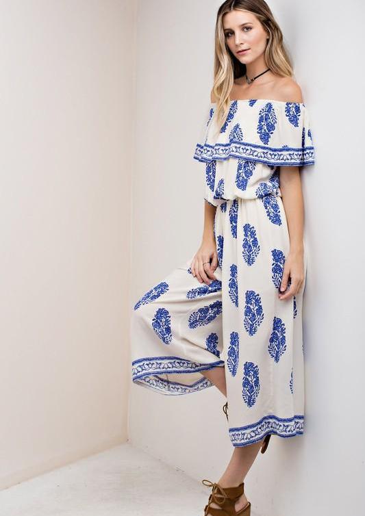 Casual Off Shoulder Ivory Jumpsuit with Blue Print