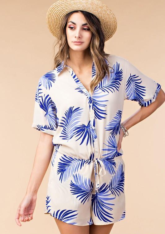 Summer Ivory Button Down Romper with Blue Tropical Print