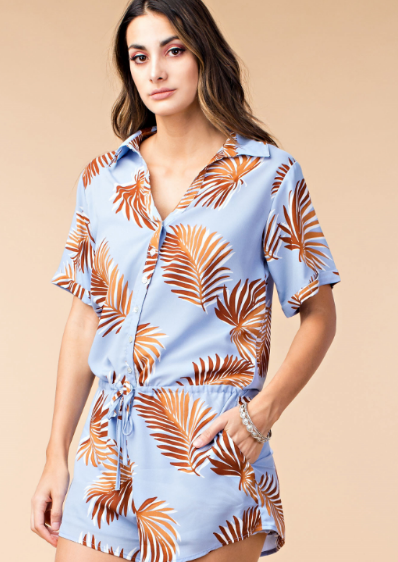 Summer Blue Button Down Romper with Bronze Tropical Print