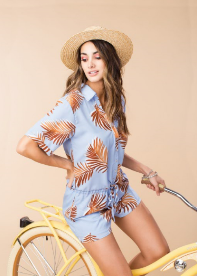 Summer Blue Button Down Romper with Bronze Tropical Print