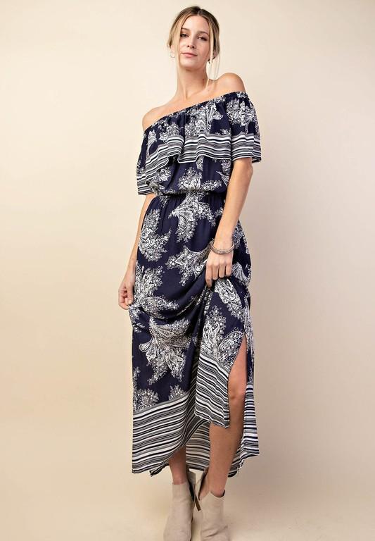 Elegant Off Shoulder Navy Maxi Dress with Mocha Print