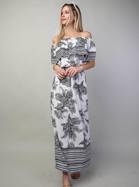 Elegant Off Shoulder Ivory Maxi Dress with Navy Print