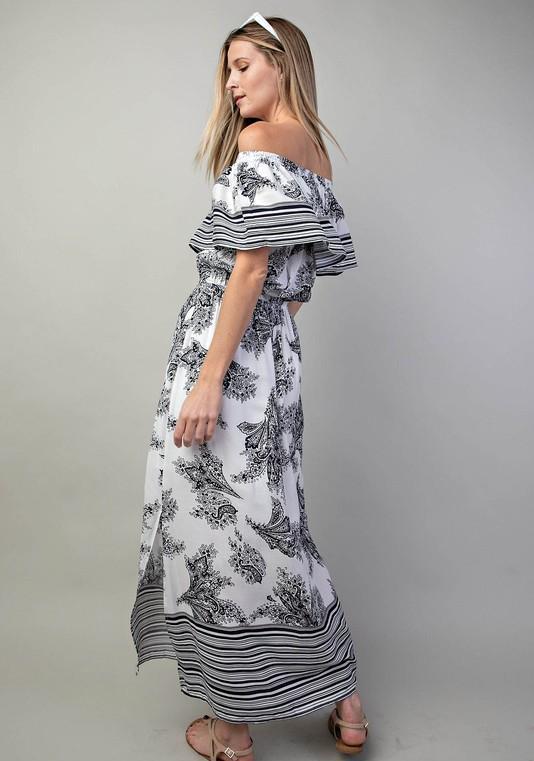 Elegant Off Shoulder Ivory Maxi Dress with Navy Print