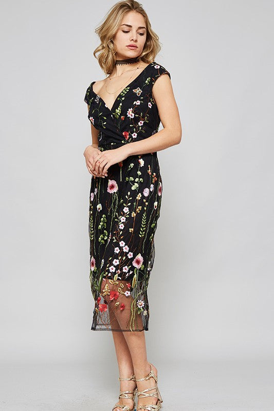 Summer Embroidery Cocktail Knee Length Floral Black Dress
