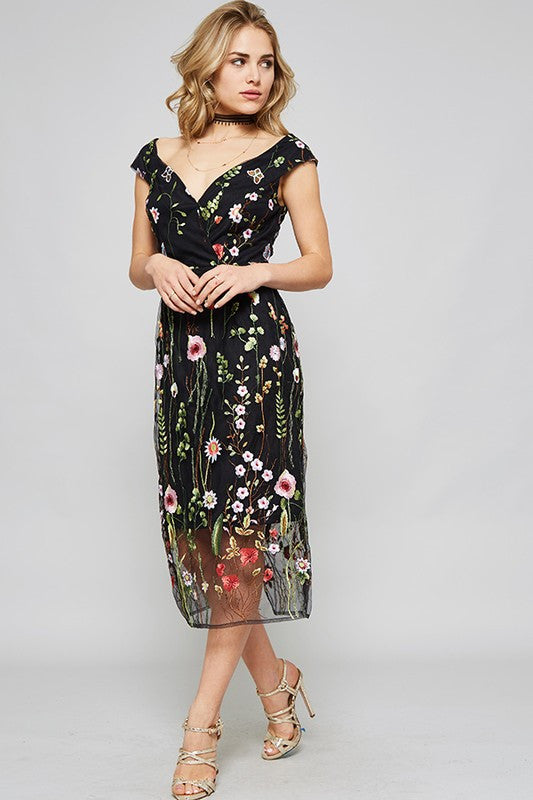 Summer Embroidery Cocktail Knee Length Floral Black Dress