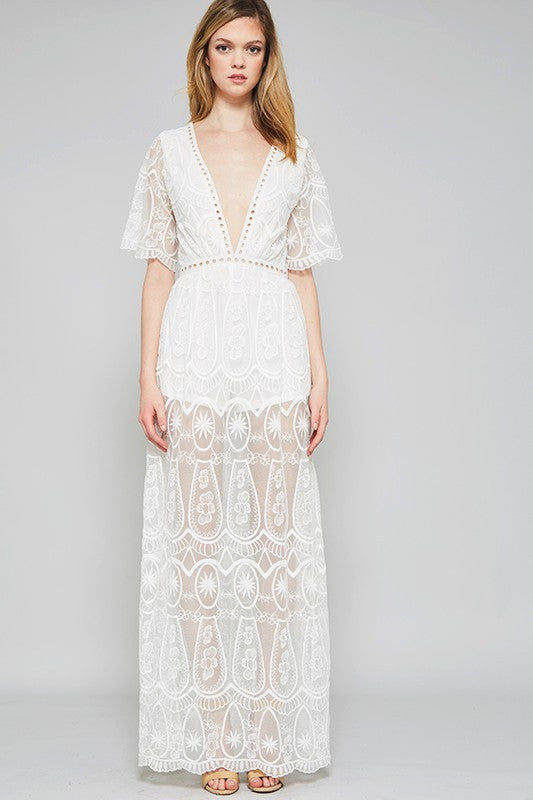 Elegant White Lace Embroidery Maxi Romper