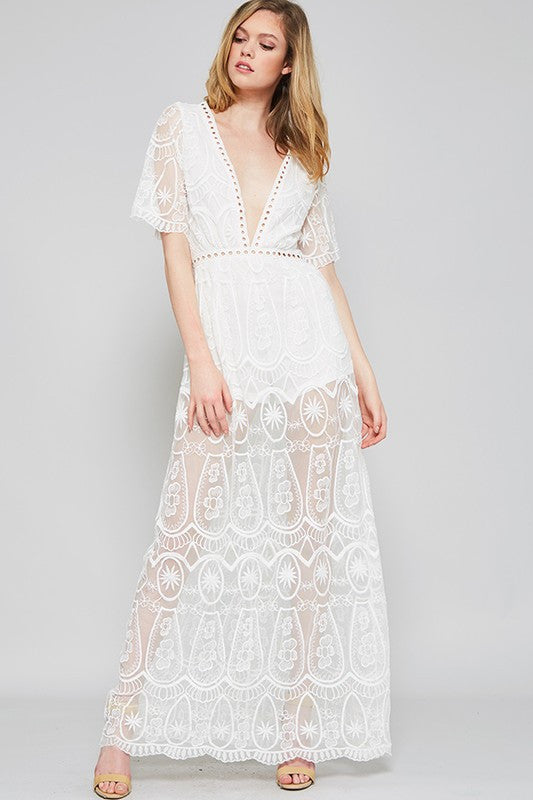 Elegant White Lace Embroidery Maxi Romper