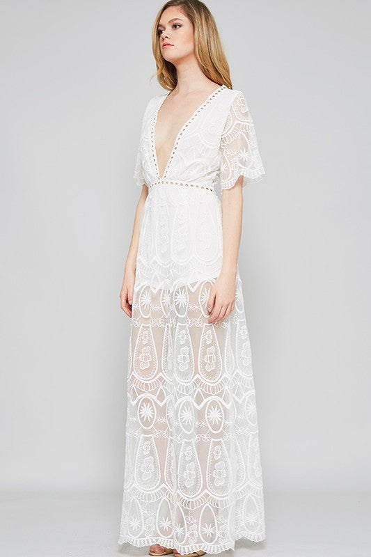 Elegant White Lace Embroidery Maxi Romper