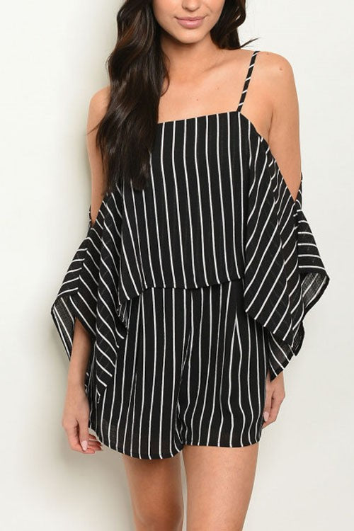 Fashion Strap Black Contrast Cold Shoulder Ruffle Romper