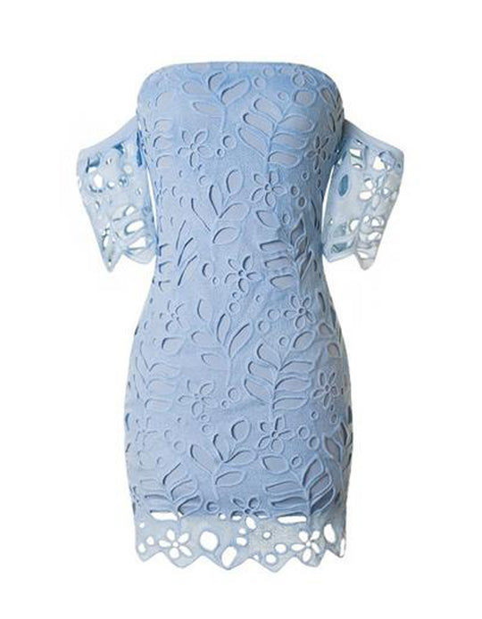 Off Shoulder Light Blue Lace Bodycon Dress