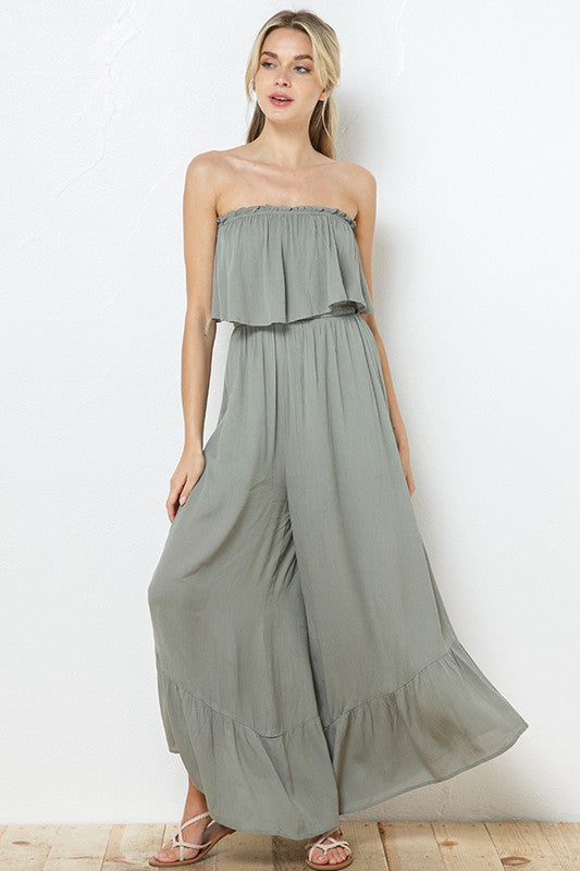 Fashion Seagrass Strapless Wide Leg Jumpsuit