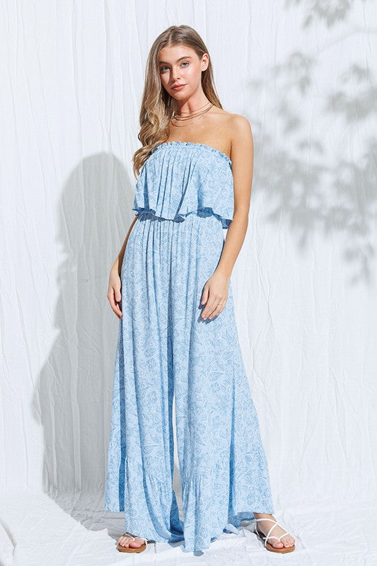 Fashion Light Blue Floral Print Strapless Wide Leg Jumpsuit