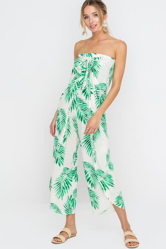 Fashion Strapless Tie-Up Green Leaf Print White Jumpsuit