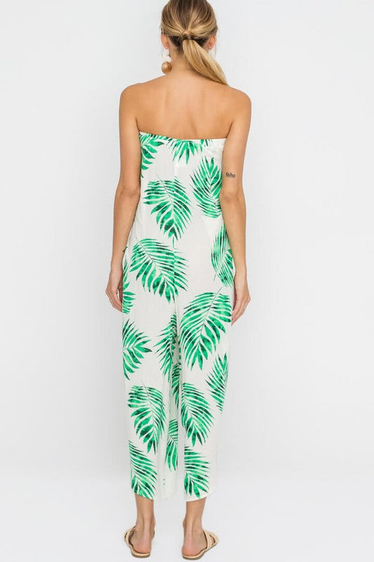 Fashion Strapless Tie-Up Green Leaf Print White Jumpsuit