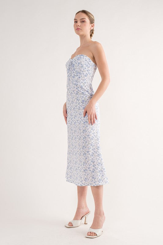 Fashion Strapless Blue Floral Print Corset Midi Dress