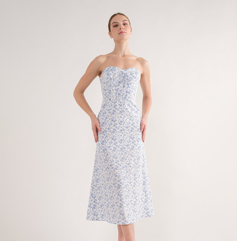 Fashion Strapless Blue Floral Print Corset Midi Dress