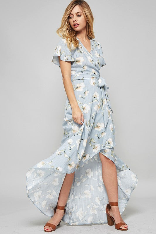 Summer Floral Print Blue Wrap Maxi Dress